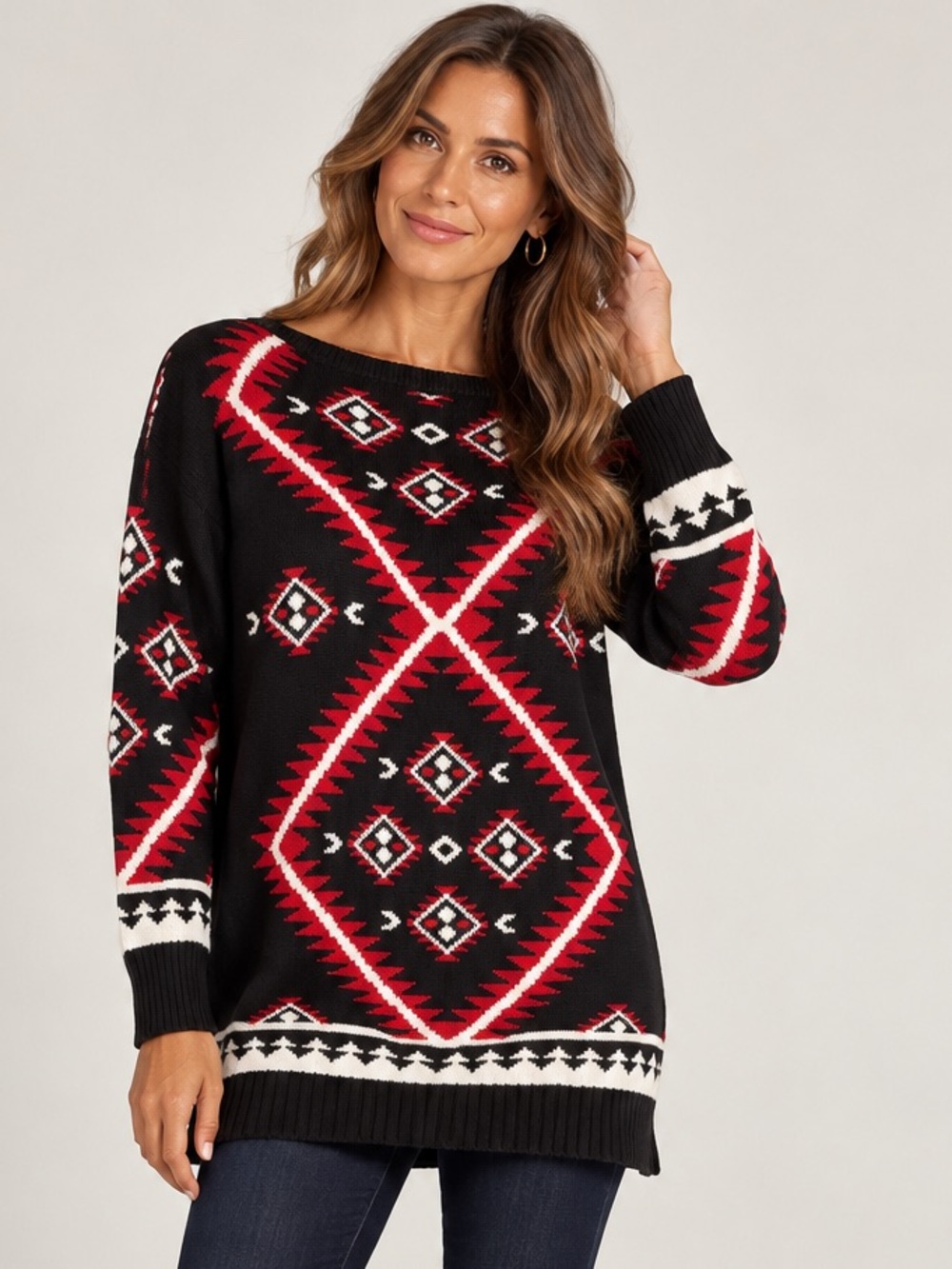 Lauren Ralph Lauren PL Geometric Knit Tunic Sweater Black Red Southwestern